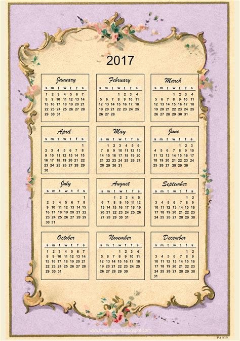 Free Printable 2017 Vintage Design Calendar Ausdruckbarer Kalender