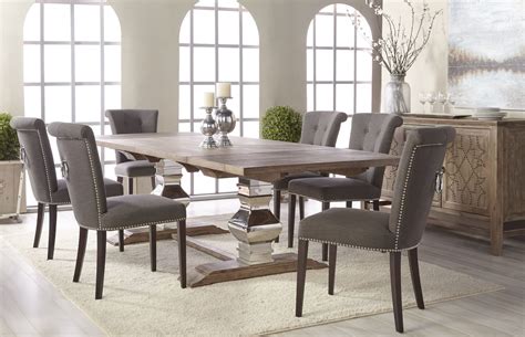Rectangular dining table features six convenient drawers for storing smaller items. Manor Gray Wash Extendable Dining Table from Orient Express | Coleman Furniture