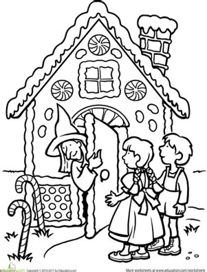 Als sie das lebkuchenhaus entdecken essen sie davon. Color the Hansel and Gretel Scene | Worksheet | Education.com | Coloring pages, Fairy tales ...