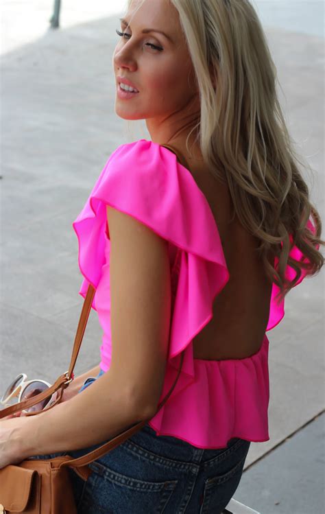 Neon Pink Top Blouse Low Open Back Ruffle By Designer Justyna G