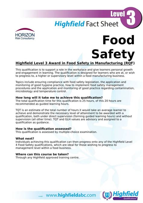 Highfield Level 3 Award In Food Safety In Manufacturing Rqf Horizon