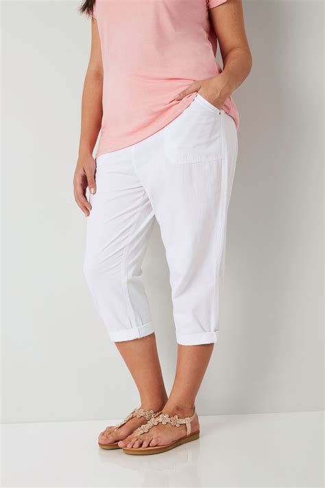 White Cool Cotton Cropped Trousers Plus Size 16 To 36 Cropped Trousers