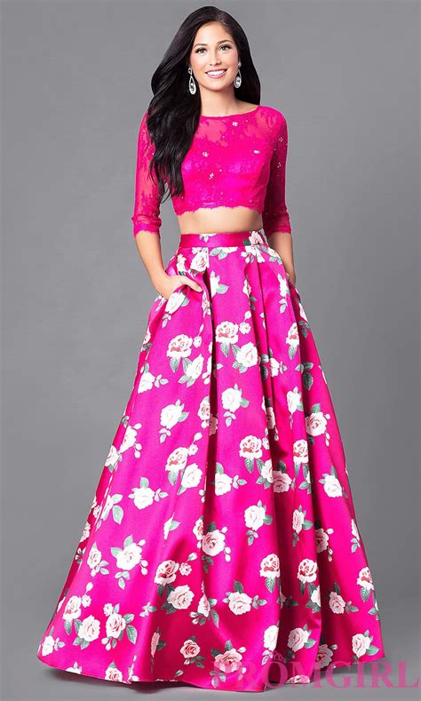 Two Piece Sleeved Print Prom Dress With Pockets Prom Dresses With