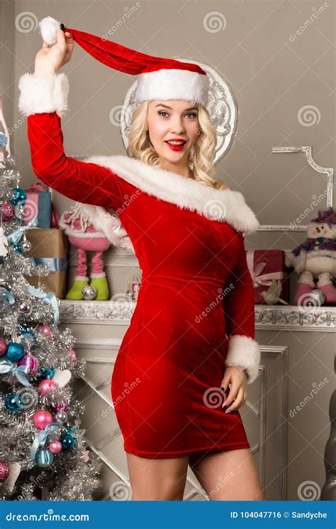 Christmas Girl Posing Blonde Woman Dressed As Santa In Front Of Camera Stock Photo Image Of