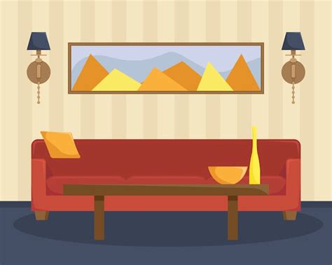 Premium Vector Flat Illustration Of Living Room With A Red Sofa And A
