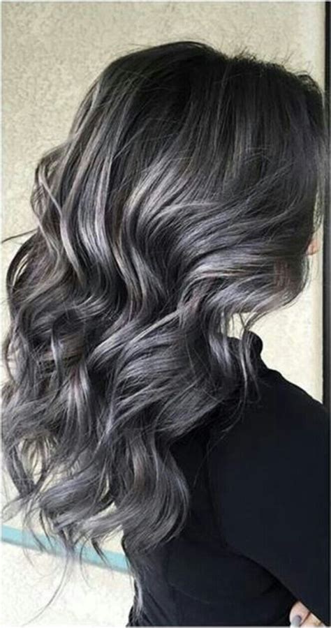 Soft Smokey Silvergrey Highlights On Dark Hair ♡ Dark Hair With