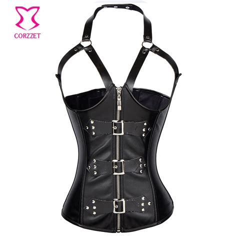 Black Leather Corsets And Bustiers Sexy Cupless Corset Underbust Steampunk Costume Burlesque