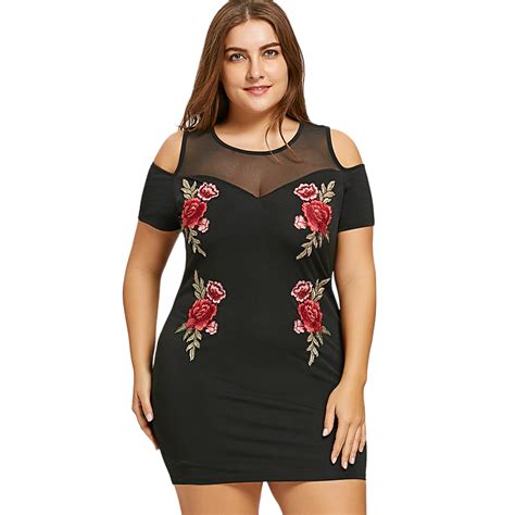 Wipalo Women Plus Size Xl Open Shoulder Mesh Panel Embroidery Dress