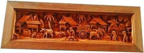 Hand Carved Thai Village Scene Teak Panel Carved Wood Art Work Wall