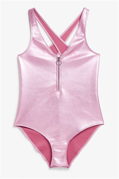 Monki Image Of Metallic Swimsuit In Pink Bluish Metallic Swimsuit