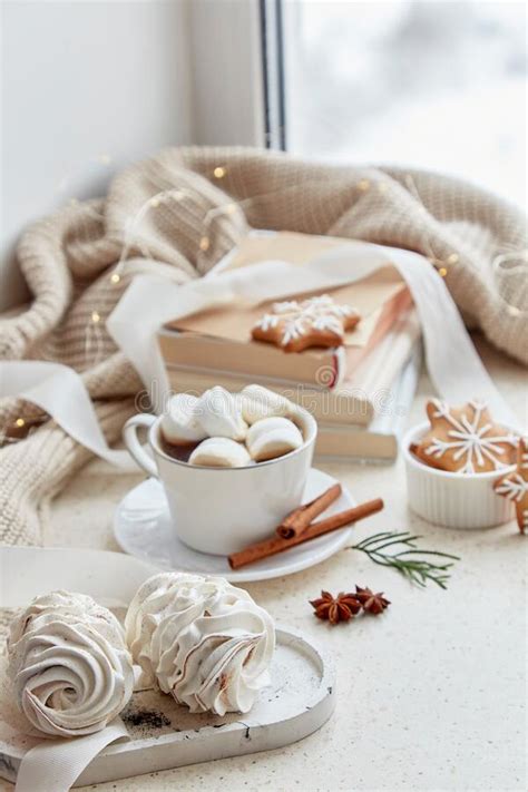 Aesthetics Christmas Holidays With Books Marshmallows Hot Cocoa