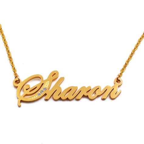 Sharon Gold Tone Name Necklace With Crystals Personalized Etsy