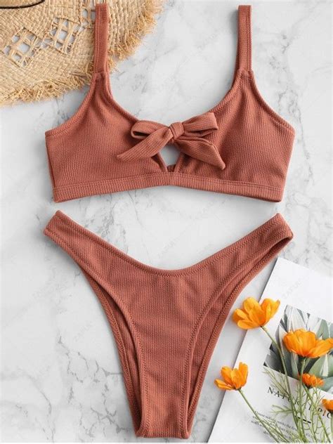18 Off 2021 Zaful Keyhole Knotted Ribbed Bikini Set In Chestnut Red