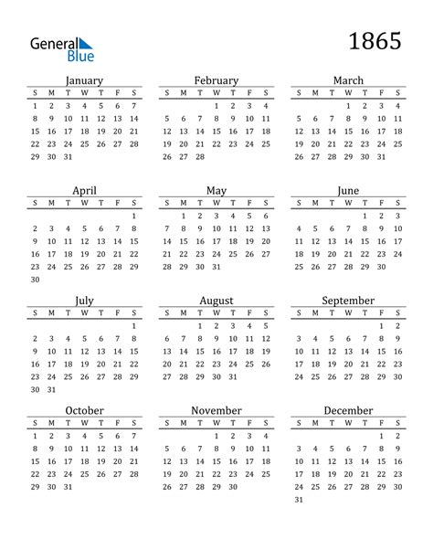 1865 Calendar Pdf Word Excel