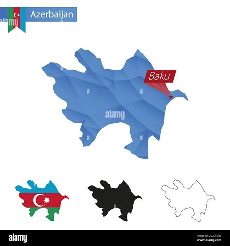 Azerbaijan Blue Low Poly Map With Capital Baku Versions With Flag