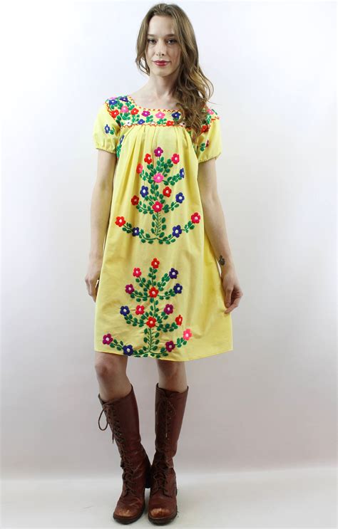yellow mexican dress embroidered dress festival dress hippie etsy