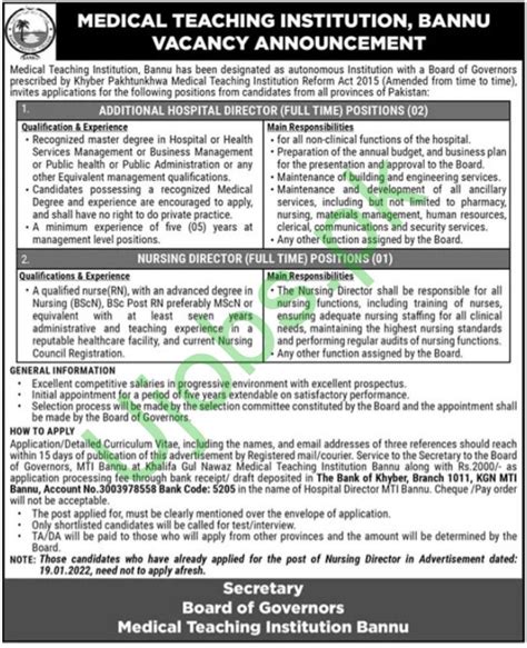 MTI Jobs 2022 Medical Teaching Institution Bannu Jobs 2022 In 2022