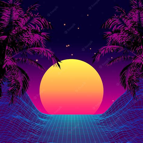 Premium Vector Retro 80s Style Tropical Sunset With Palm Tree