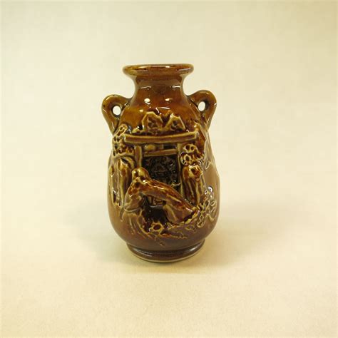 Asian Vintage Brown Glazed Ceramic Vase Mountain Scene