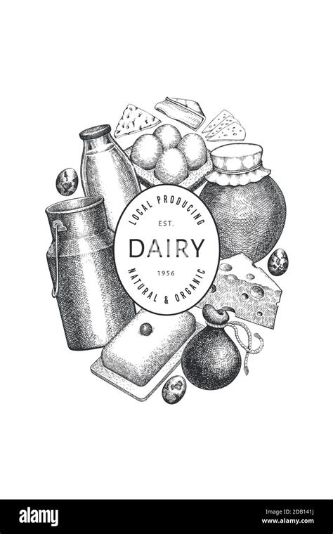 Farm Food Design Template Hand Drawn Vector Dairy Illustration Engraved Style Different Milk