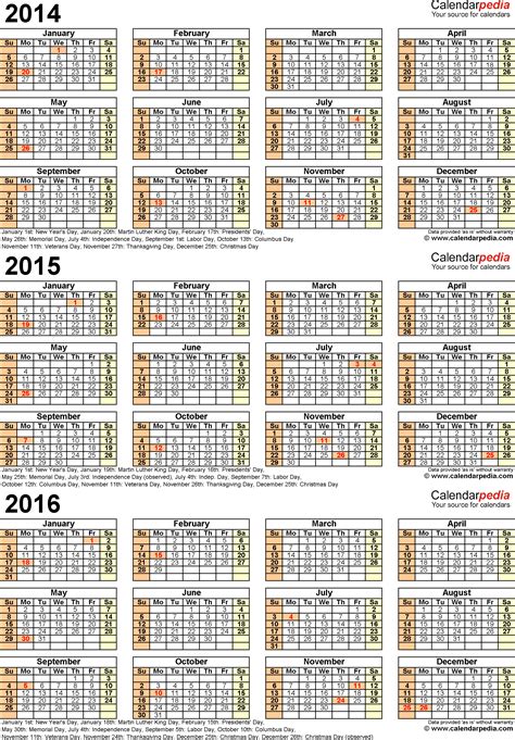 2014 2016 Three Year Calendar Free Printable Pdf Templates