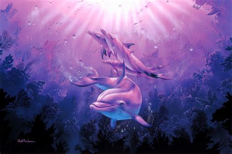 Two Dolphins Are Swimming In The Ocean With Pink And Purple Hues On