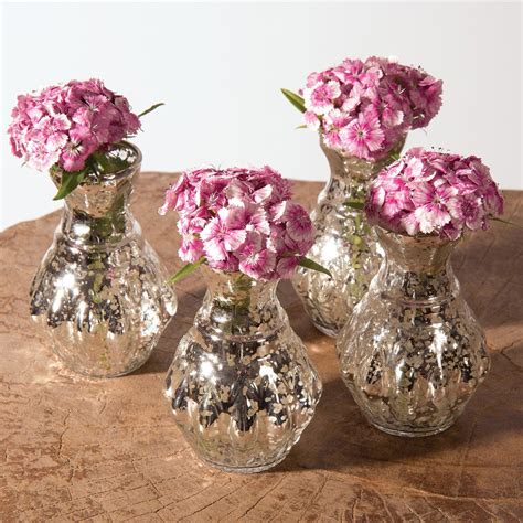 4 Pack Vintage Mercury Glass Vase 4 Bernadette Mini Ribbed Design Silver Decorative