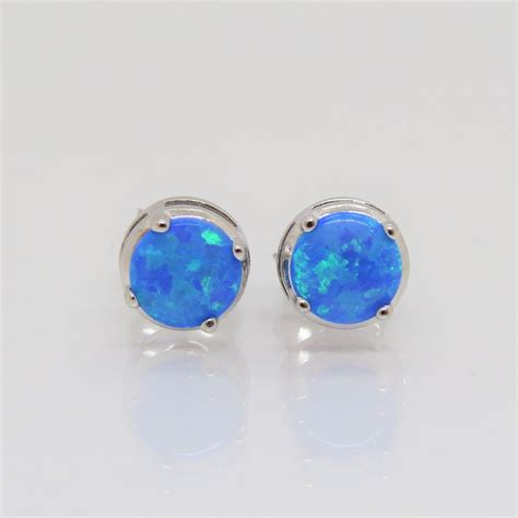 Vintage Sterling Silver Round Blue Opal Stud Earrings Etsy