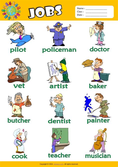 Each hat features a letter (or number) of the day, with pictures. ESL JOBS VOCABULARY WORKSHEETS - jobs esl picture ...
