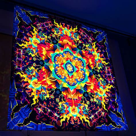 Aztec Mushroom Mandala Psychedelic Fluorescent Uv Backdrop Tapestry