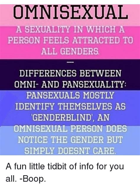 Pansexual refers to someone who is romantically, emotionally, or sexually attracted to people of any gender or regardless of their gender. What Does omnisexual Mean? | Gender & Sexuality by Dictionary.com