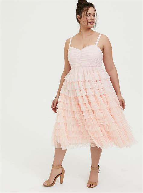 Special Occasion Peach Pink Mesh Tiered Ruffle Midi Dress Dresses