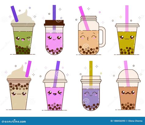 Set Of Bubble Milk Tea Ads With Delicious Tapioca Black Pearls Cute