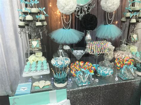 turquoise white and black with silver accents candy buffet with silver dusted white ganache