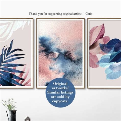 Pink And Navy Blue Triptych Wall Art Set Of 3 Prints Digital Etsy