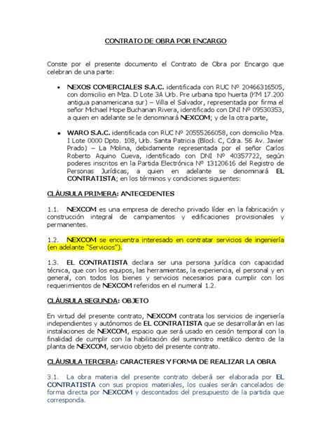 Frs Contrato De Obra Por Encargo Nexcom Waro Feb 2020 Final Pdf