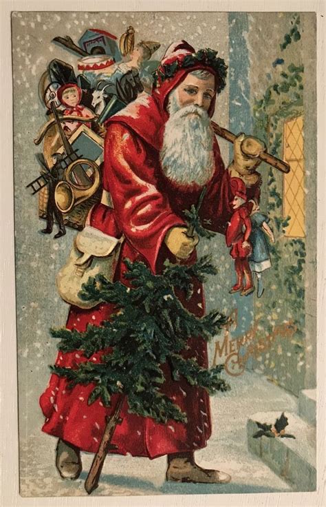 Old World Santa Claus In Long Robe Wtree And Toys Antique Christmas
