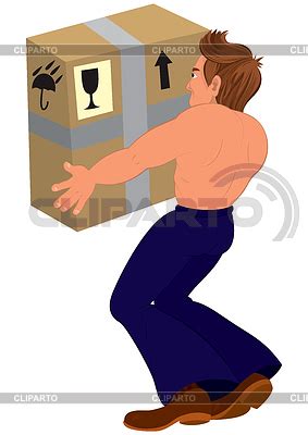 Cartoon Topless Man Holding Big Box Back View Stock Vector Graphics