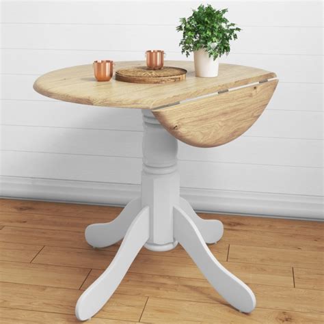 Small Round Drop Leaf Table With 2 Chairs In Wood And White Rhode