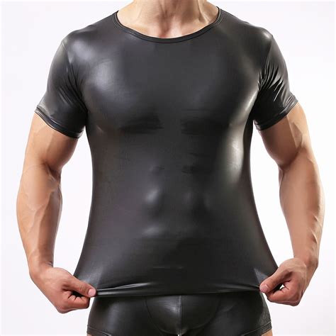 Crazy Mens Faux Leather Undershirt Muscle Sleeve Vest Shirt Leather Like Underwear Short Sleeve