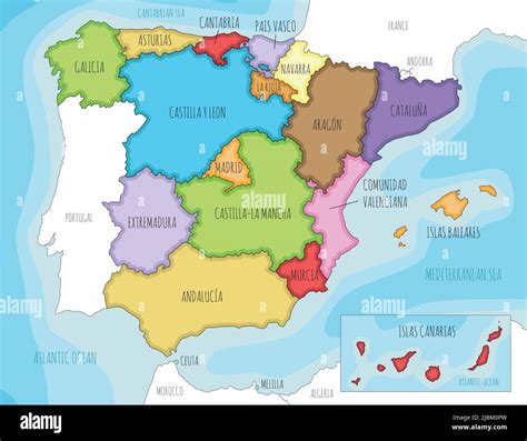 Vector Illustrated Map Of Spain With Regions And Territories And Administrative Divisions And