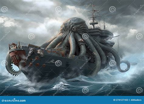 Octopus Kraken Monster Attacking Submarine With Tentacles Wrapping