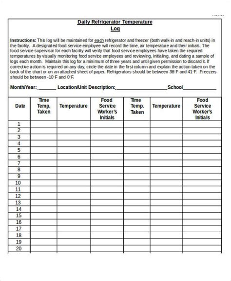 Printable Daily Refrigerator Temperature Log