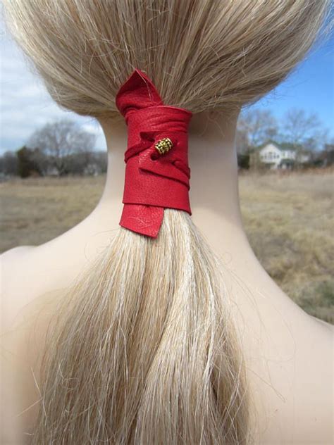 Ponytail Holder Beaded Hair Tie Red Leather Wrap Pony Tail Cuff