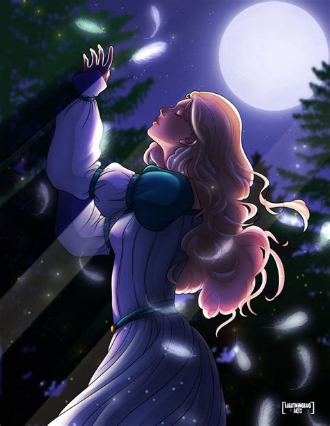 A Woman In A Blue Dress Is Looking Up At The Sky With Stars Falling