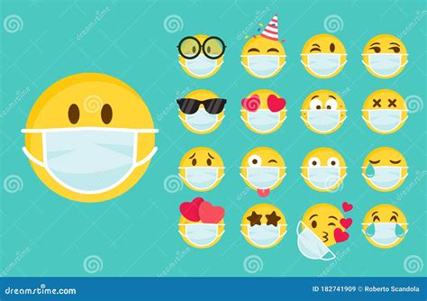 Set Of Emoji With A Medical Mask On The Face Stock Vector