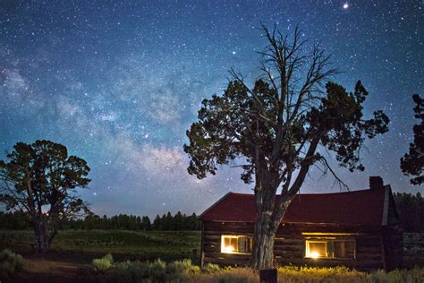 Cabin Cosmos Evening Farm Grass House Lights Milky Way Night