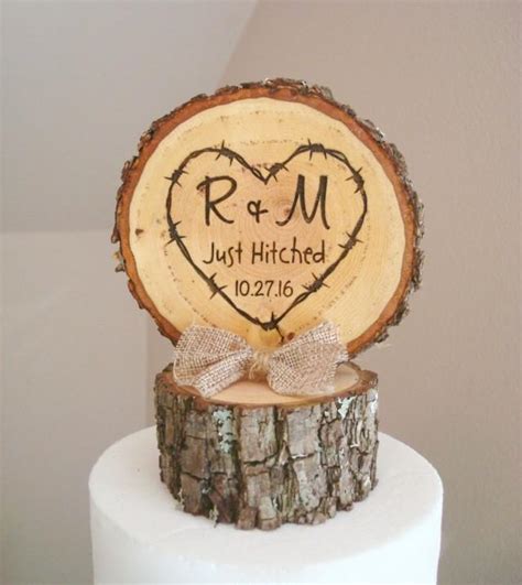 Rustic Wood Wedding Cake Topper Just Hitched Cake Topper Tree Slice
