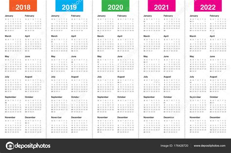 Year 2018 2019 2020 2021 2022 Calendar Vector ⬇ Vector Image By