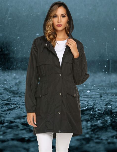 Womens Rain Coat Hooded Long Lightweight Rain Jacket